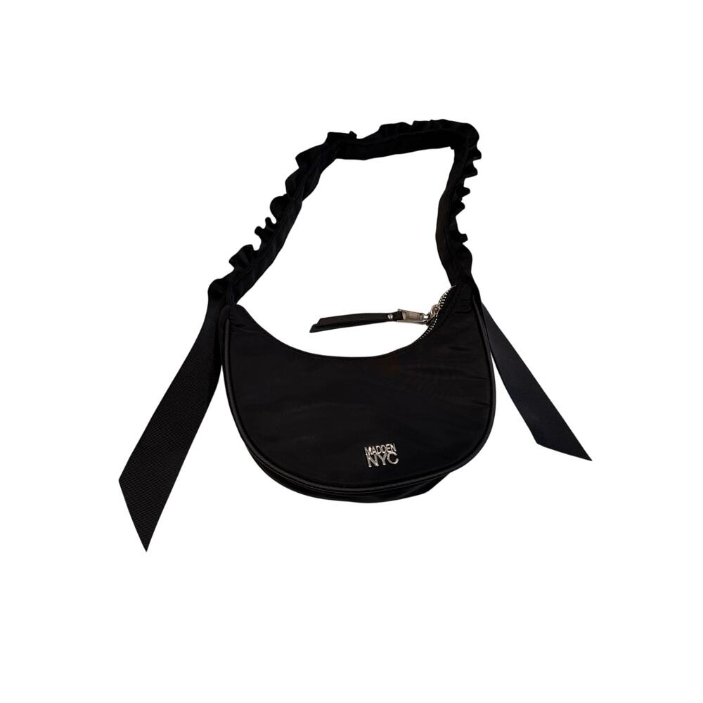 Madden NYC Ruffled Ribbon Half Moon Nylon Handbag Black